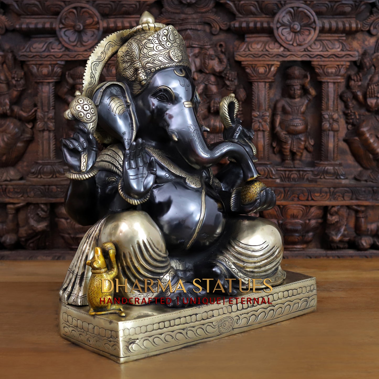 Brass Ganesh seated with rat in square base, Black Patina & Golden Finish, 21"