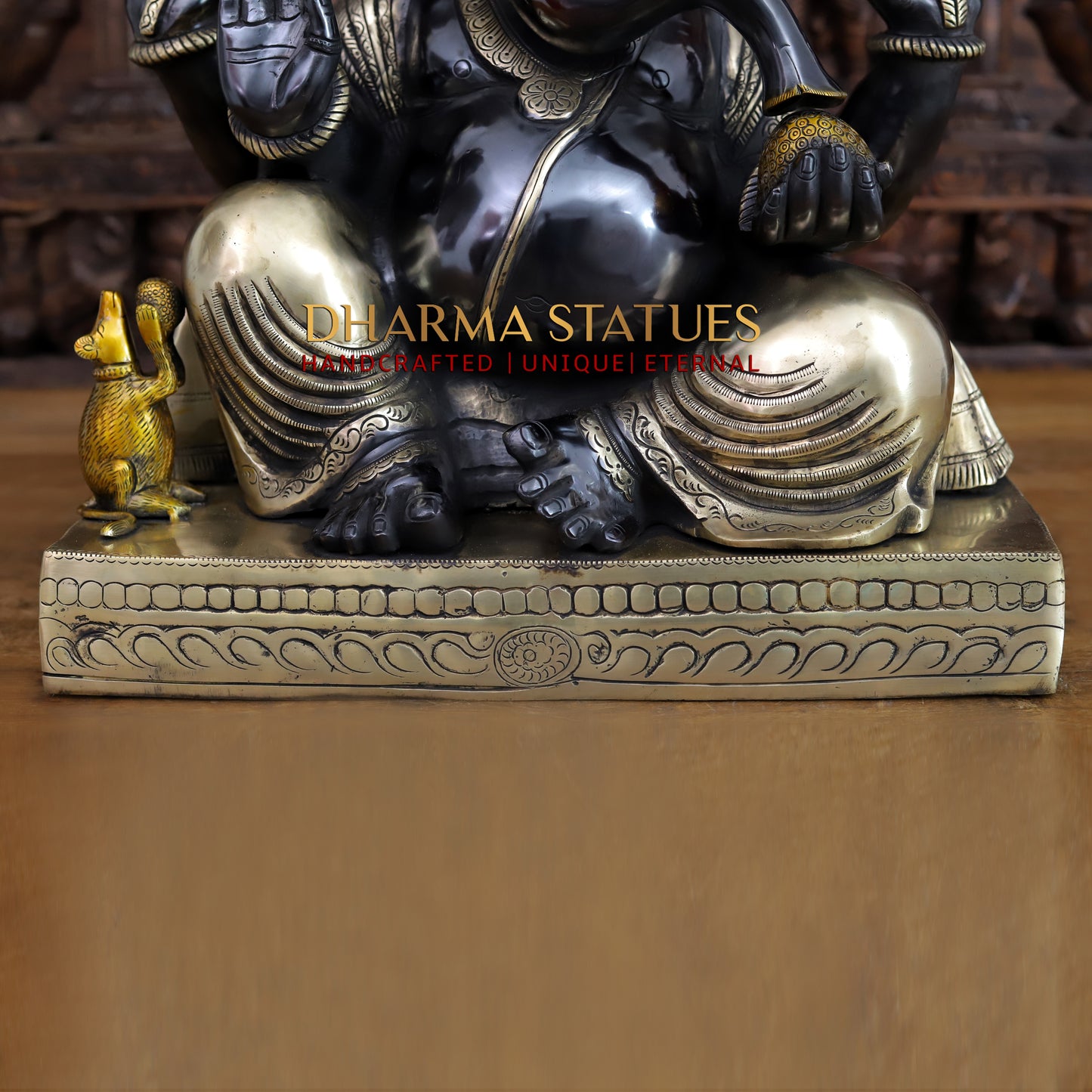 Brass Ganesh seated with rat in square base, Black Patina & Golden Finish, 21"
