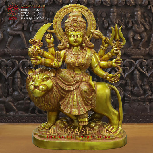 Brass Durga Statue- Durga is Sitting on Lion, Glazing Golden work 25" Front View