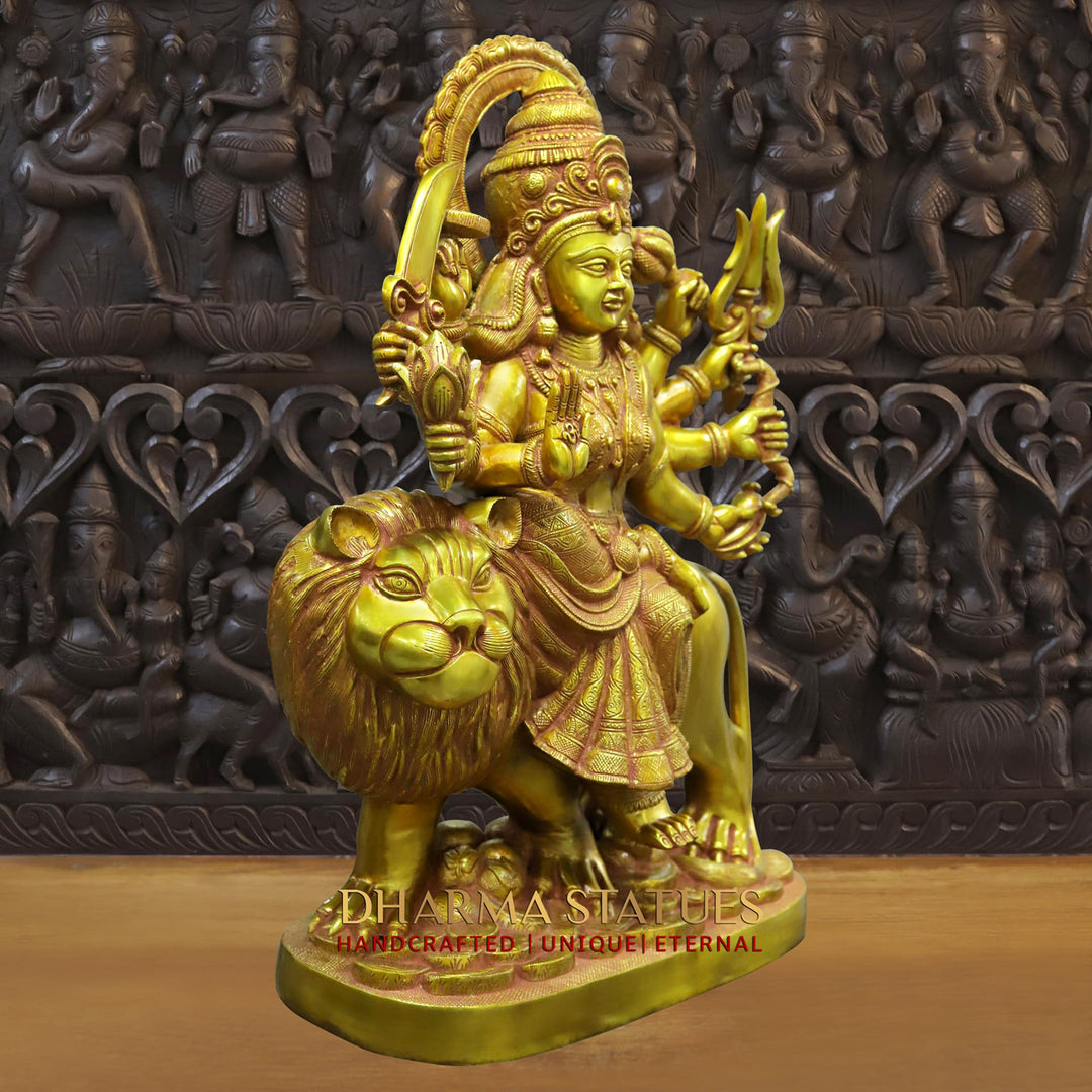 Brass Durga Figurine, Maa Durga is Sitting on the Myghti Lion. 25"