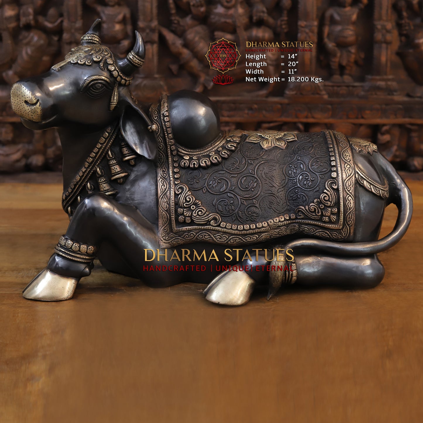 Brass Nandi Idol, Shiva's Guardian, Black Patina & Golden Finish, 14"