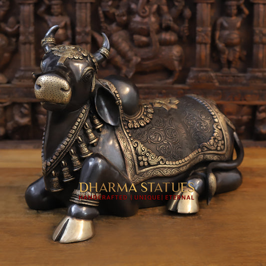 Brass Nandi Idol, Shiva's Guardian, Black Patina & Golden Finish, 14"