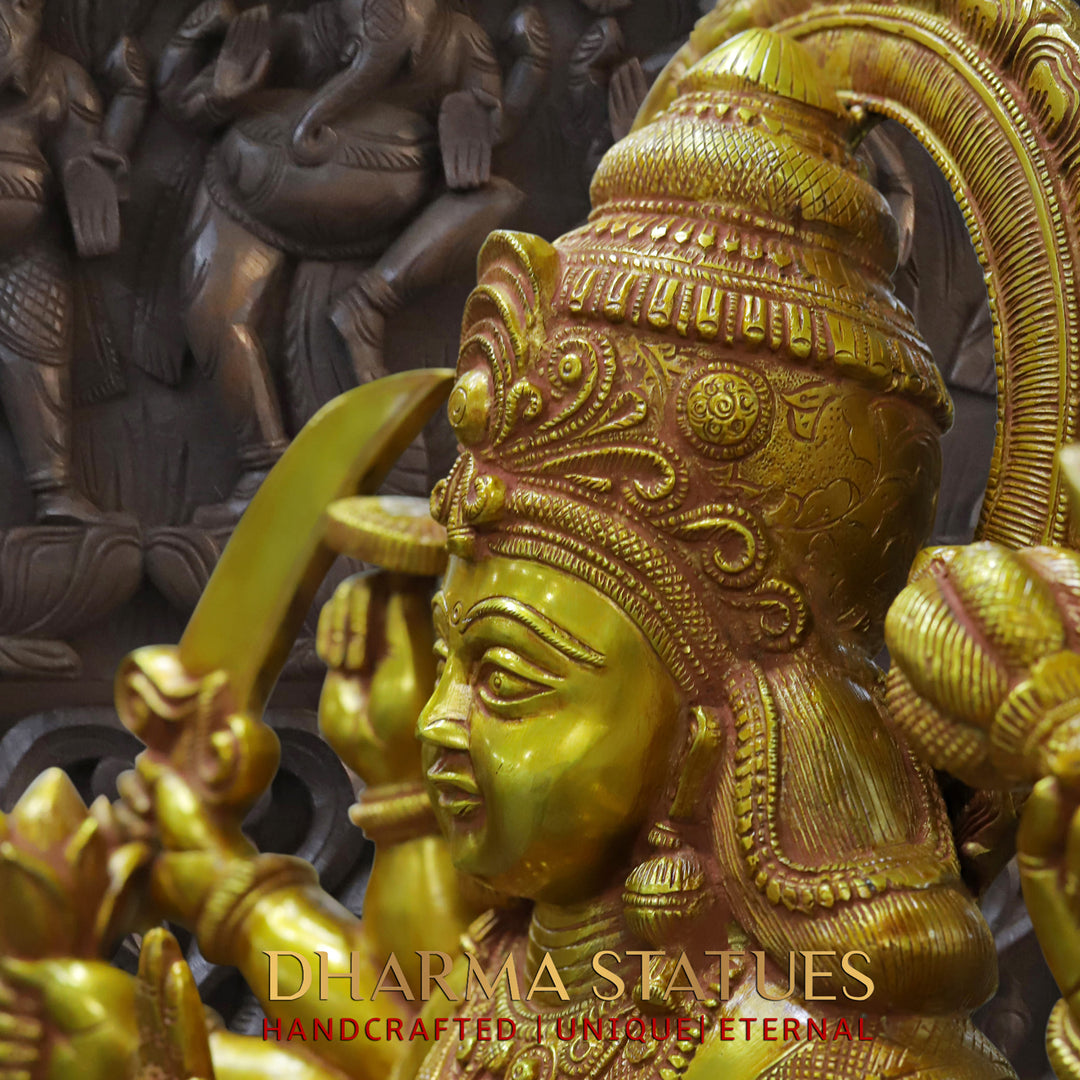 Brass Durga Figurine, Maa Durga is Sitting on the Myghti Lion. 25"
