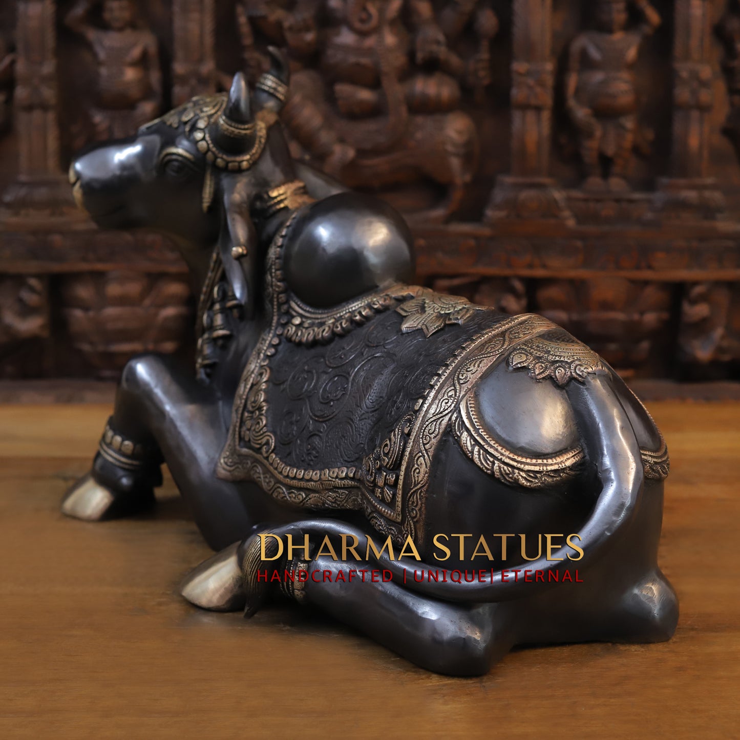 Brass Nandi Idol, Shiva's Guardian, Black Patina & Golden Finish, 14"