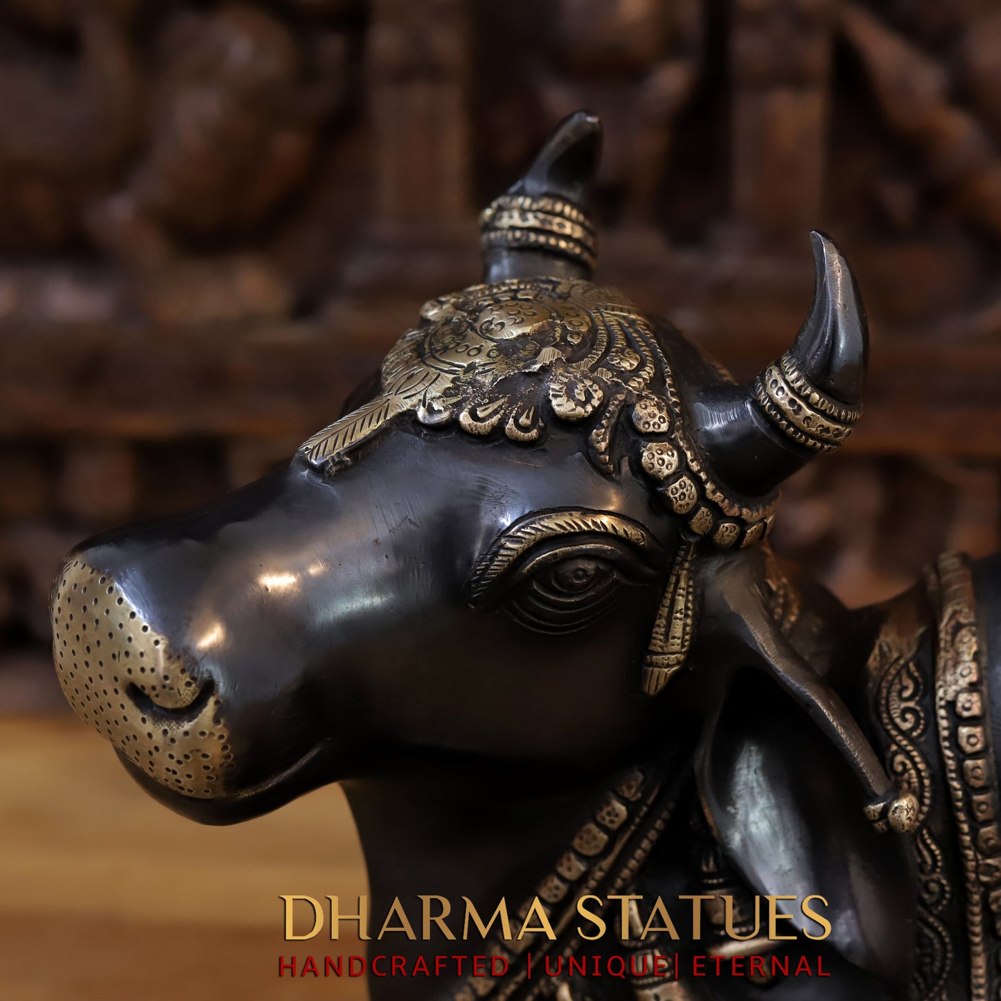 Brass Nandi Idol, Shiva's Guardian, Black Patina & Golden Finish, 14"