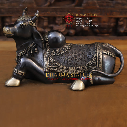 Brass Nandi Idol, Shiva's guardian, Black Patina & Golden Finish 11" Side View