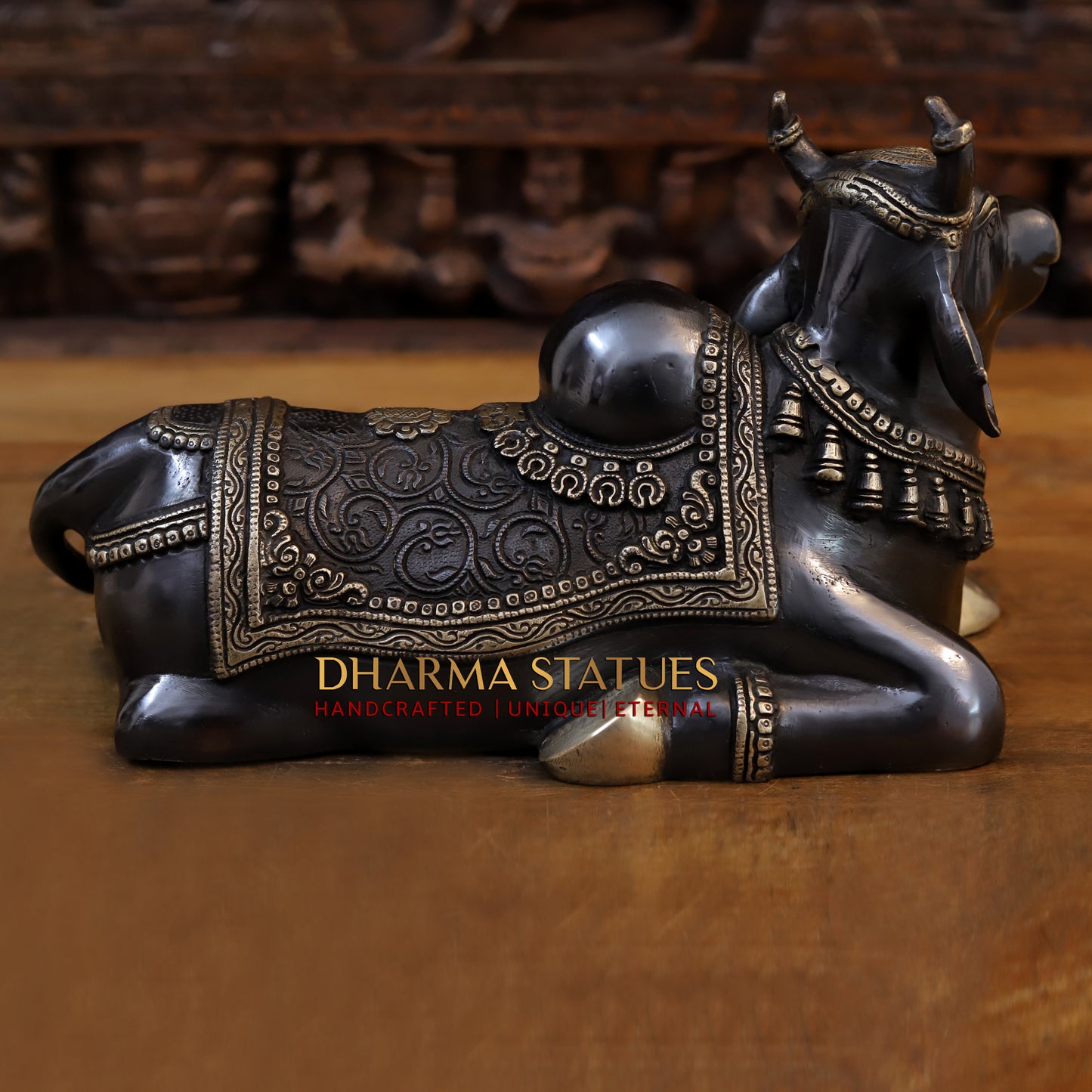 Brass Nandi Idol, Lord Shiva's Guardian, Black Patina with Golden Finish, 9"