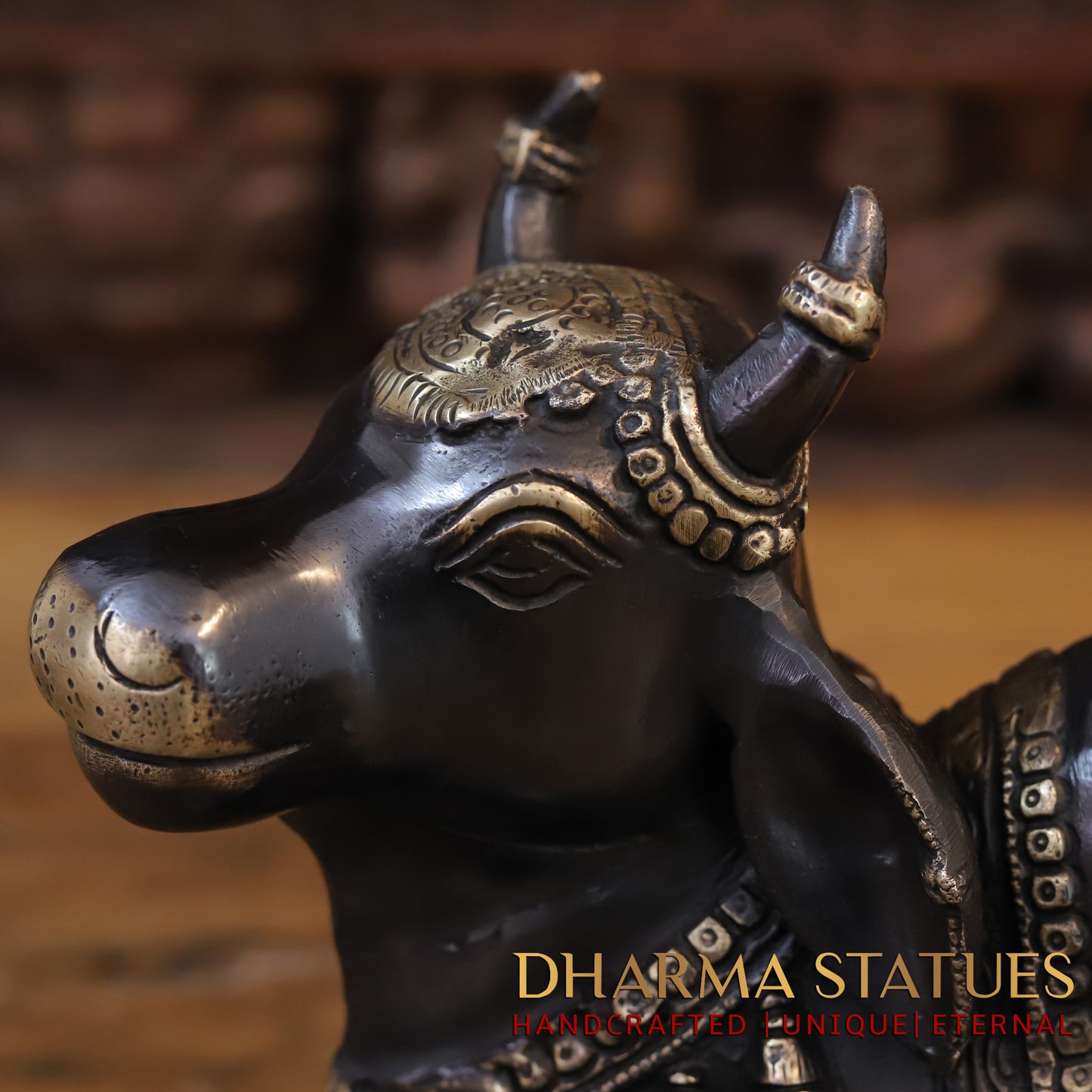 Brass Nandi Idol, Lord Shiva's Guardian, Black Patina with Golden Finish, 9"
