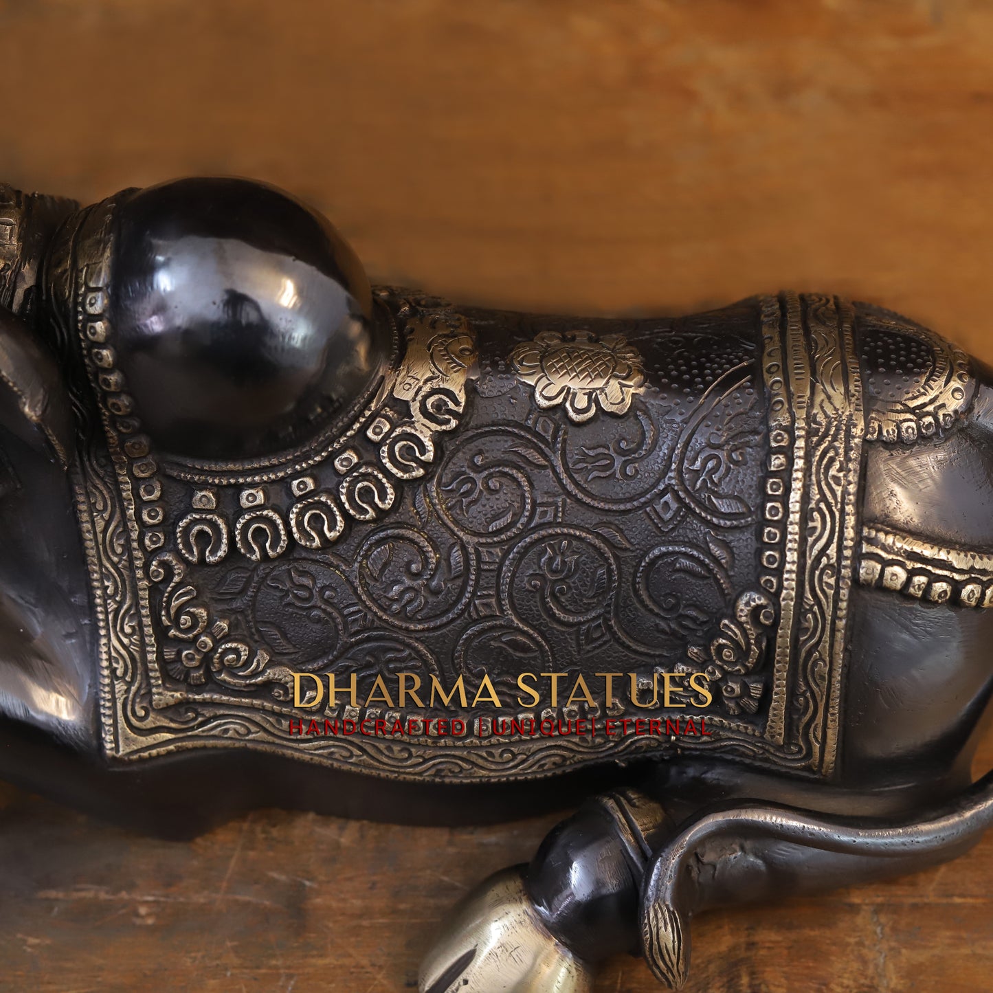 Brass Nandi Idol, Lord Shiva's Guardian, Black Patina with Golden Finish, 9"