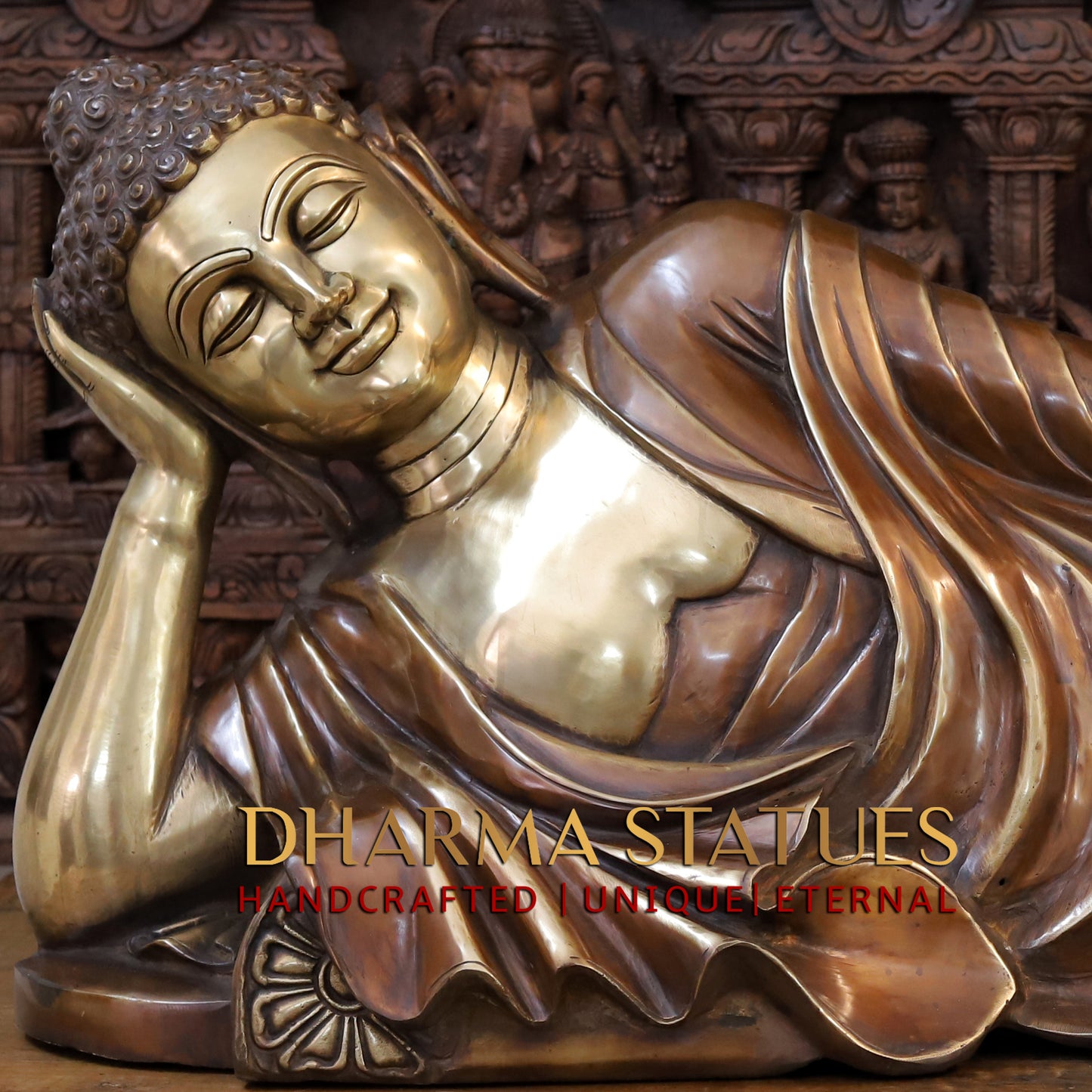 Brass Resting Buddha, Copper & Golden Finish, 19"