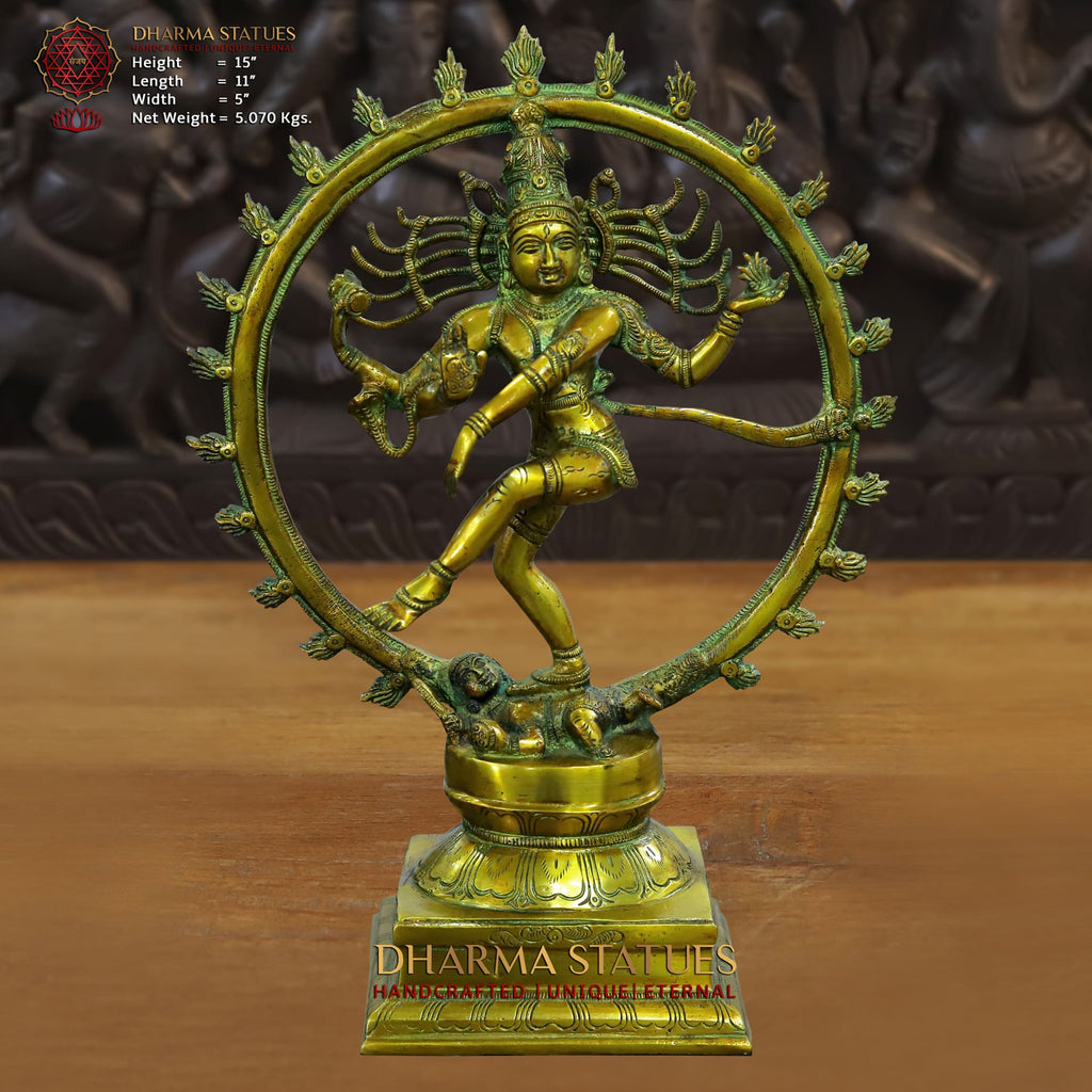 Brass Natraj Statue, Depicts Dancing Lord Shiva, Golden Finish with Green hues 15" front view