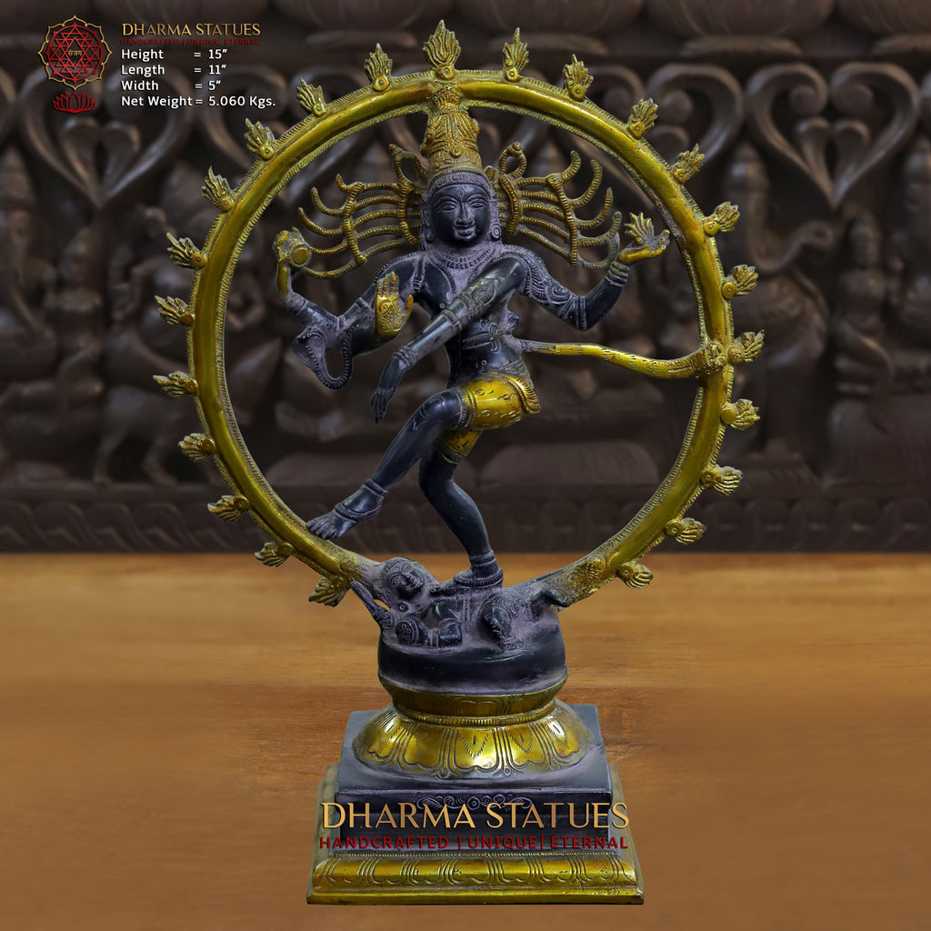 Brass Natraj, Lord Shiva Performing Tandava Dance. 15" Front View