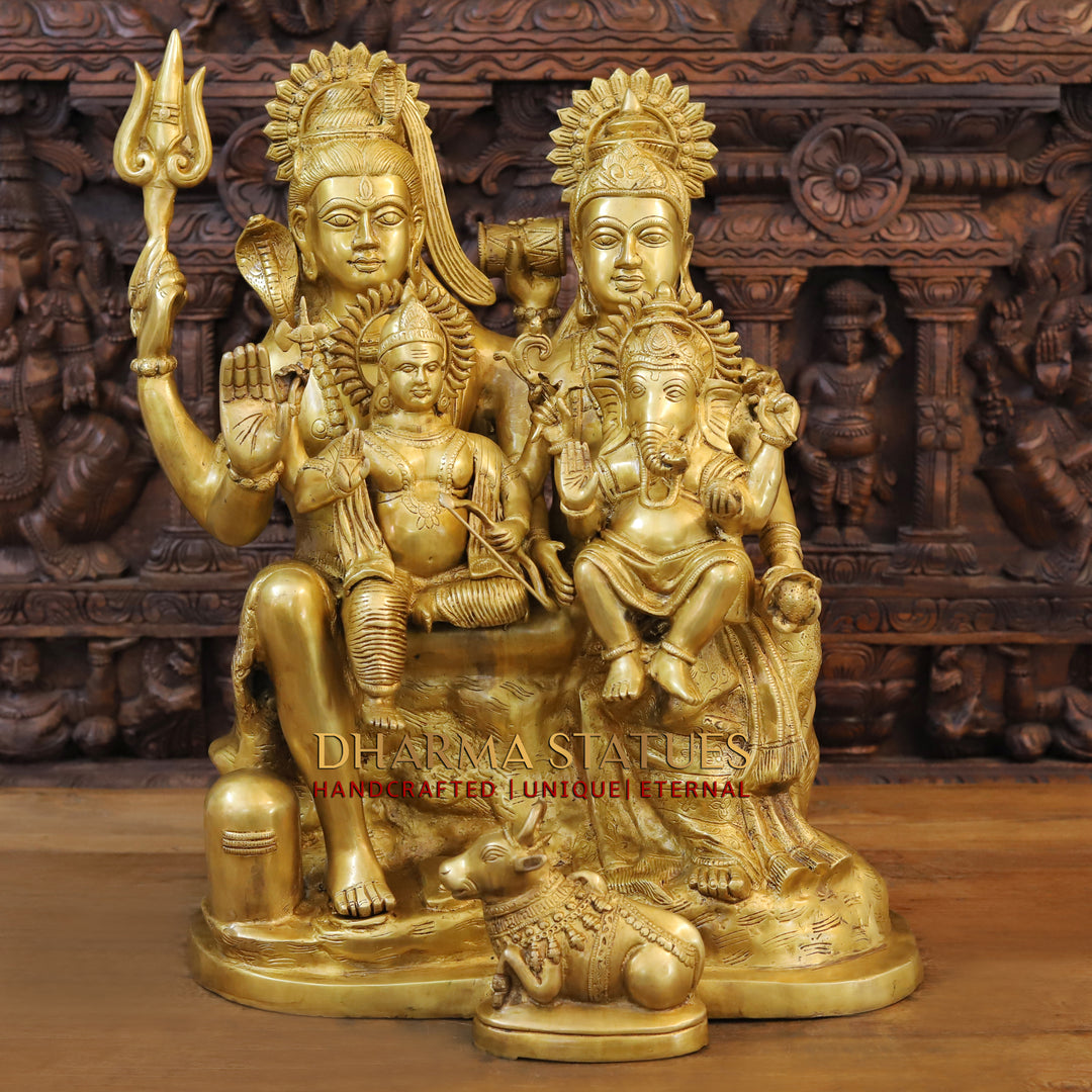 Brass Shiva Parivar with Nandi & Shivling, Guardians of Cosmic Balance, Radiant Gold Finish, 24"