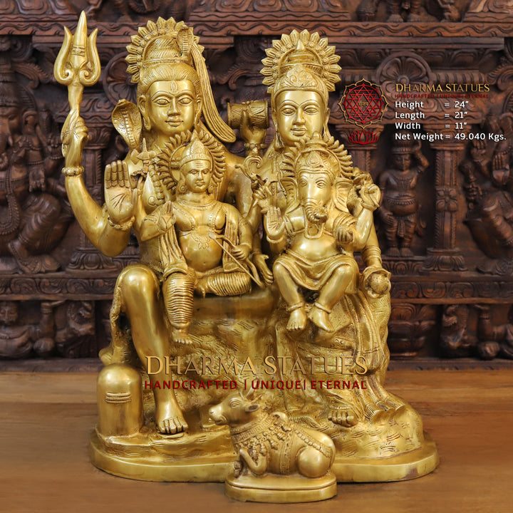 Brass Shiva Parivar with Nandi & Shivling, Guardians of Cosmic Balance, Radiant Gold Finish, 24"