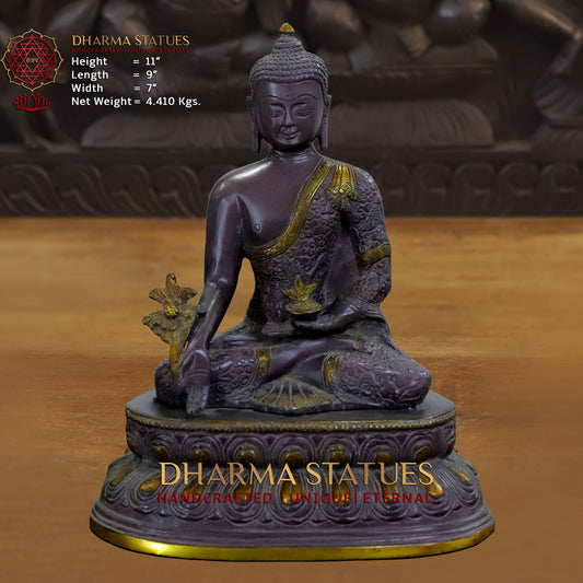 Brass Buddha Statue, Seated on a Lotus, Black Patina Finish 11"