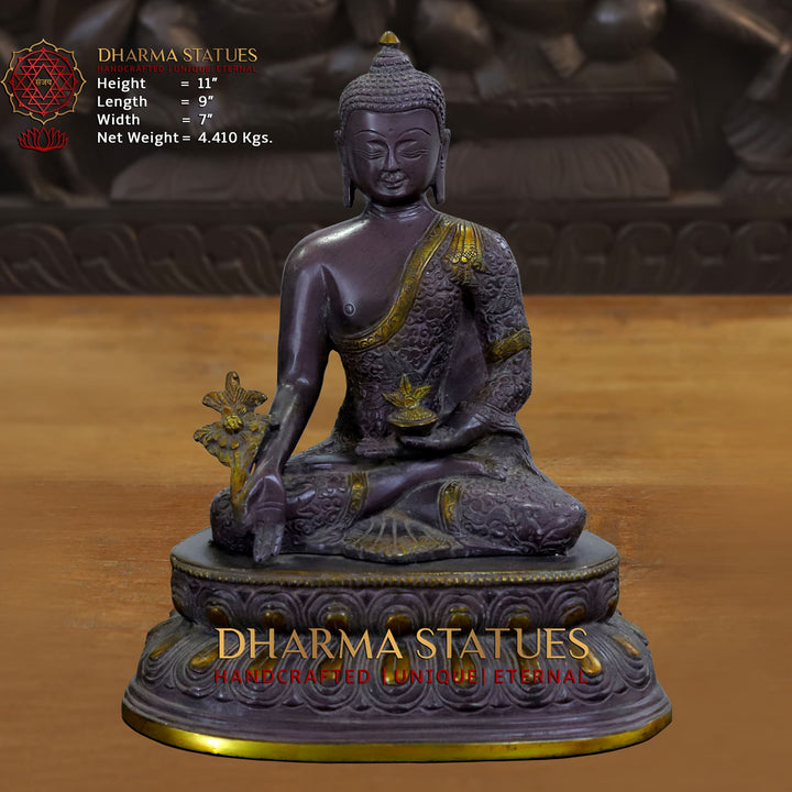 Brass Buddha Statue, Seated on a Lotus, Black Patina Finish 11"