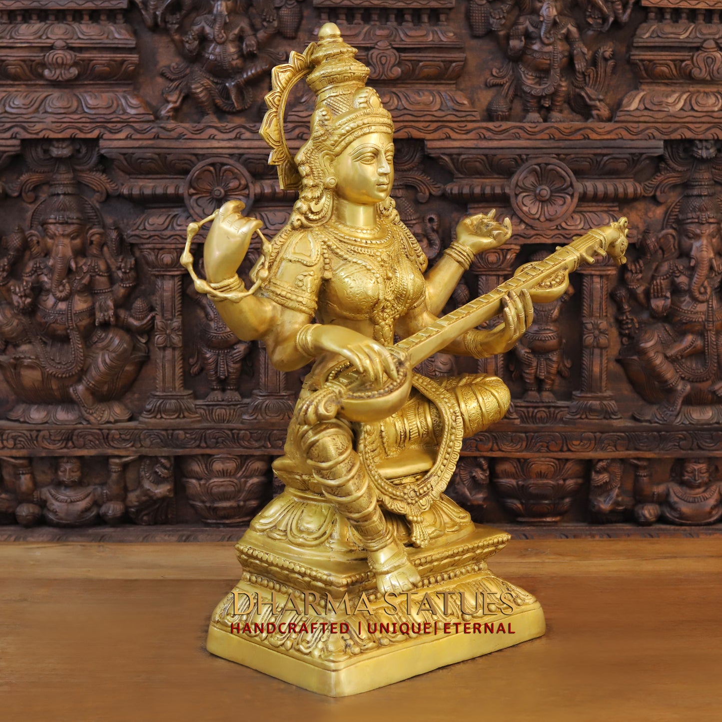 Brass Saraswati Seated, Golden Finish, 29"