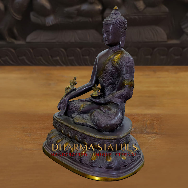 Brass Buddha Statue, Seated on a Lotus, Black Patina Finish 11"