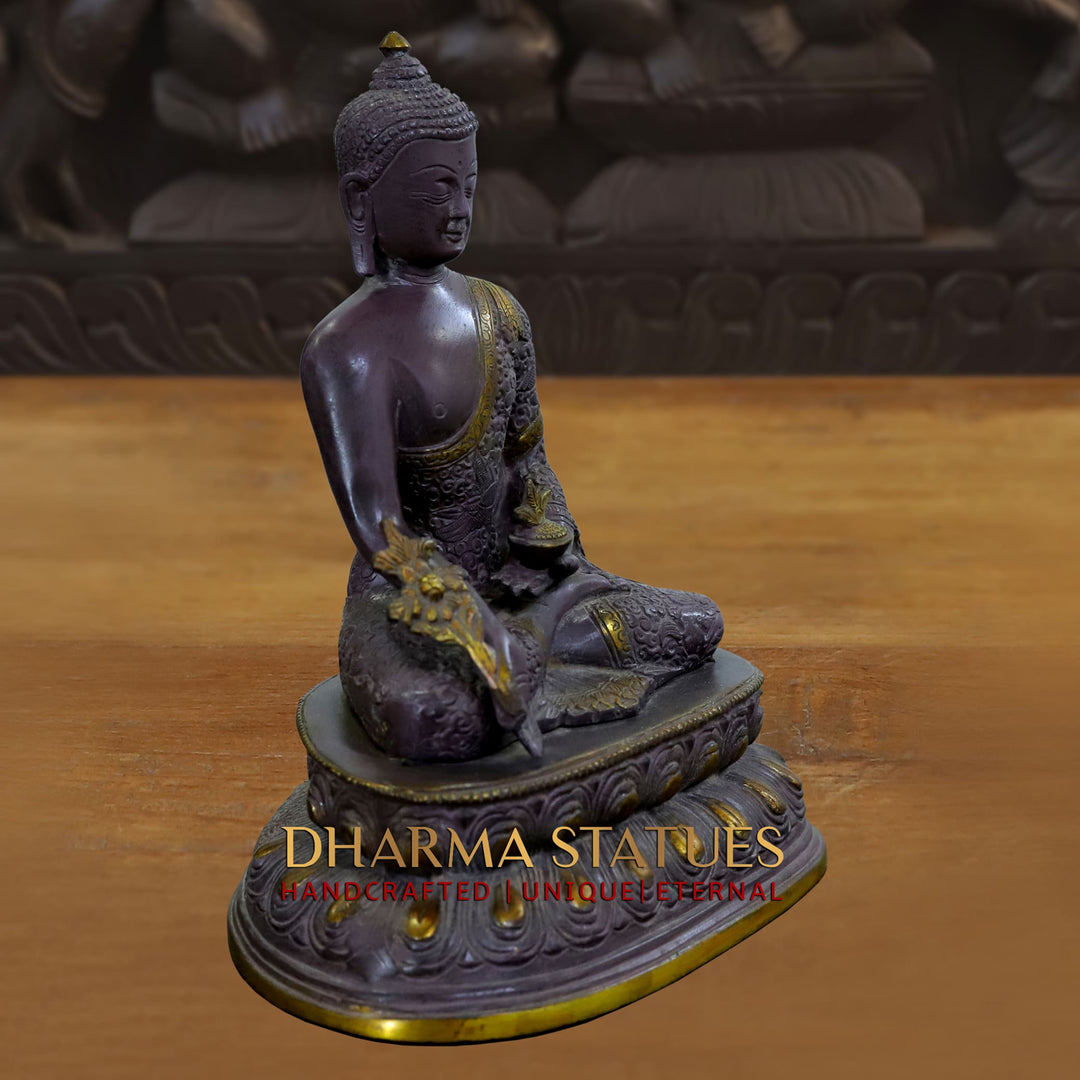 Brass Buddha Statue, Seated on a Lotus, Black Patina Finish 11"