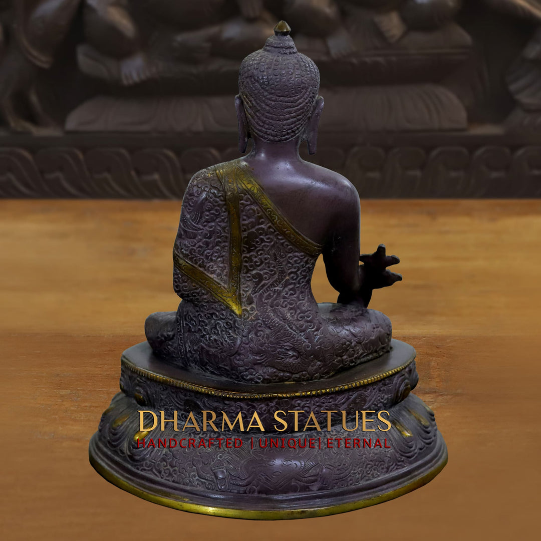 Brass Buddha Statue, Seated on a Lotus, Black Patina Finish 11"