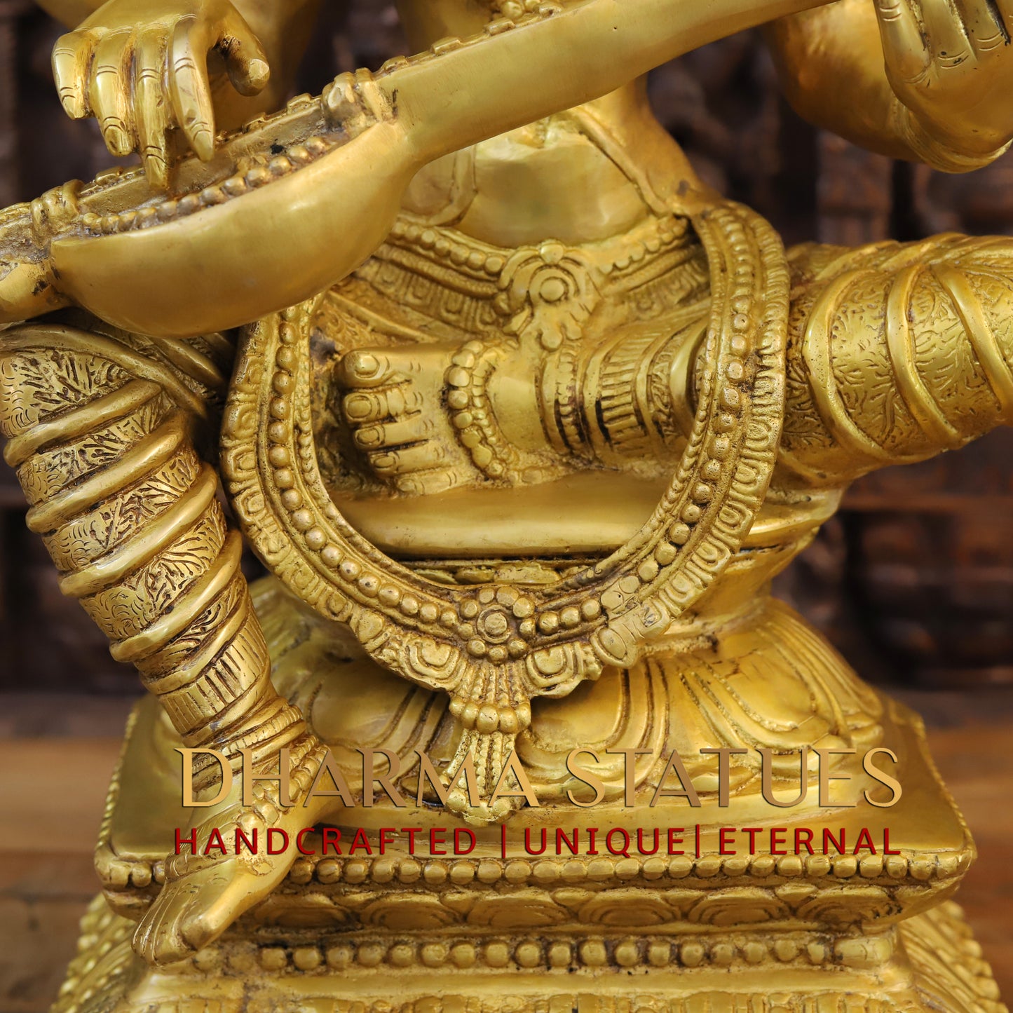 Brass Saraswati Seated, Golden Finish, 29"