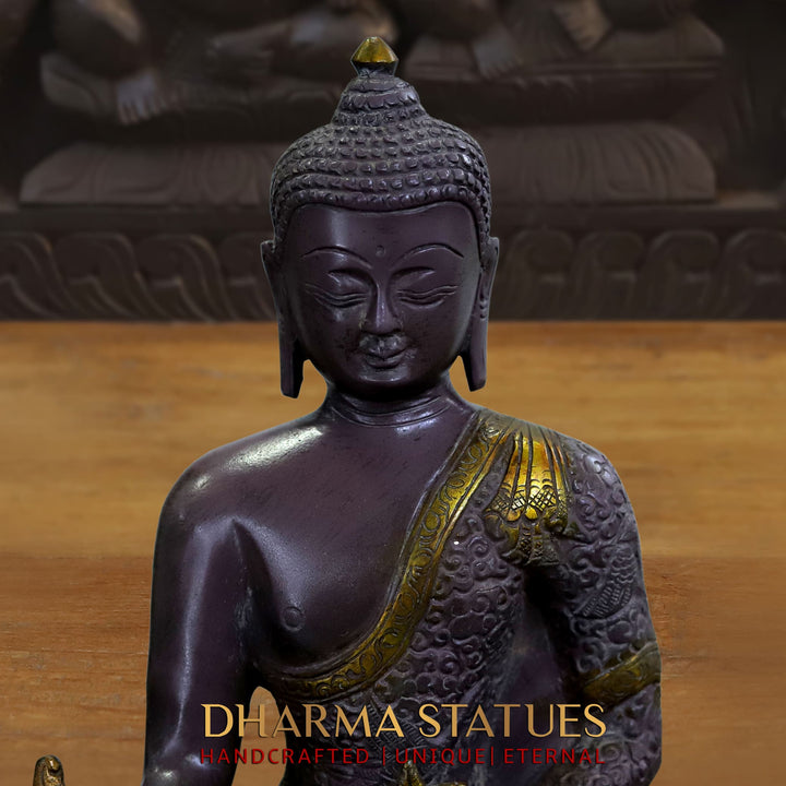 Brass Buddha Statue, Seated on a Lotus, Black Patina Finish 11"