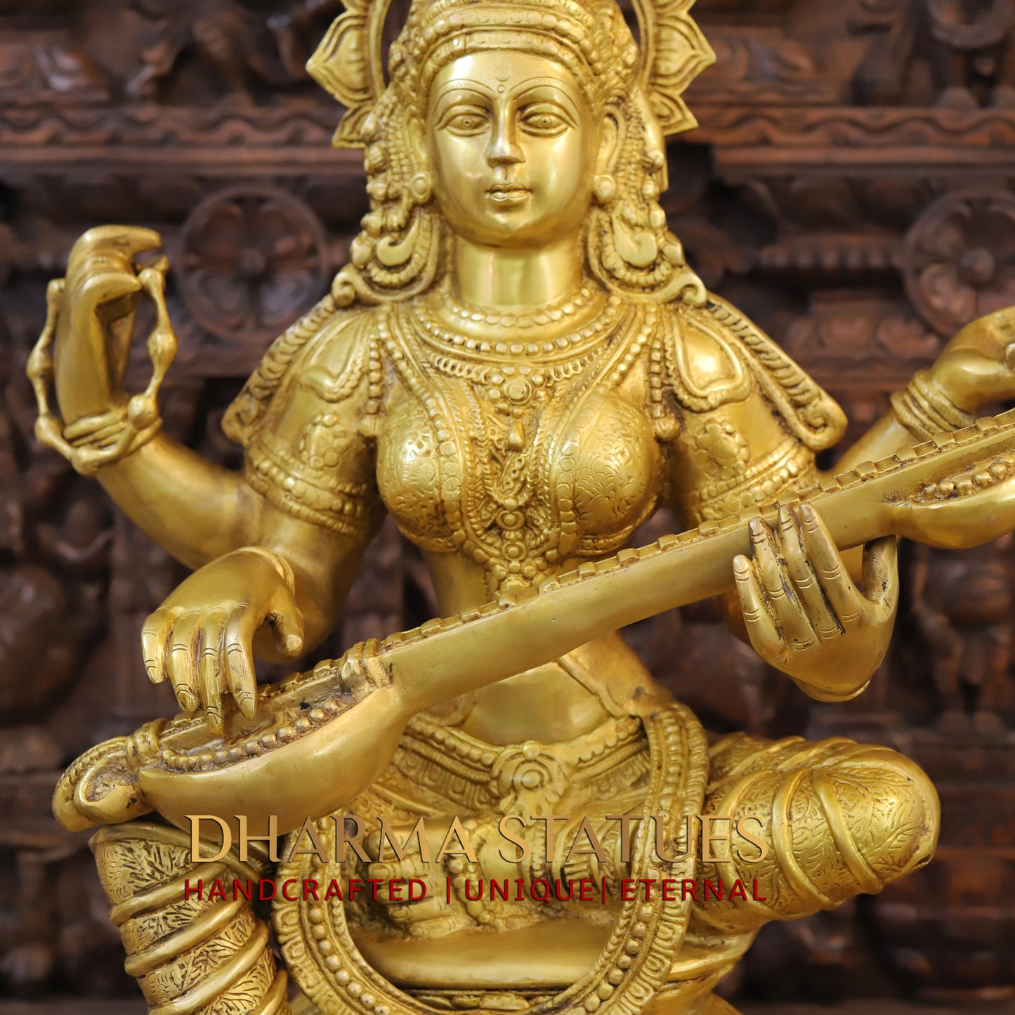 Brass Saraswati Seated, Golden Finish, 29"
