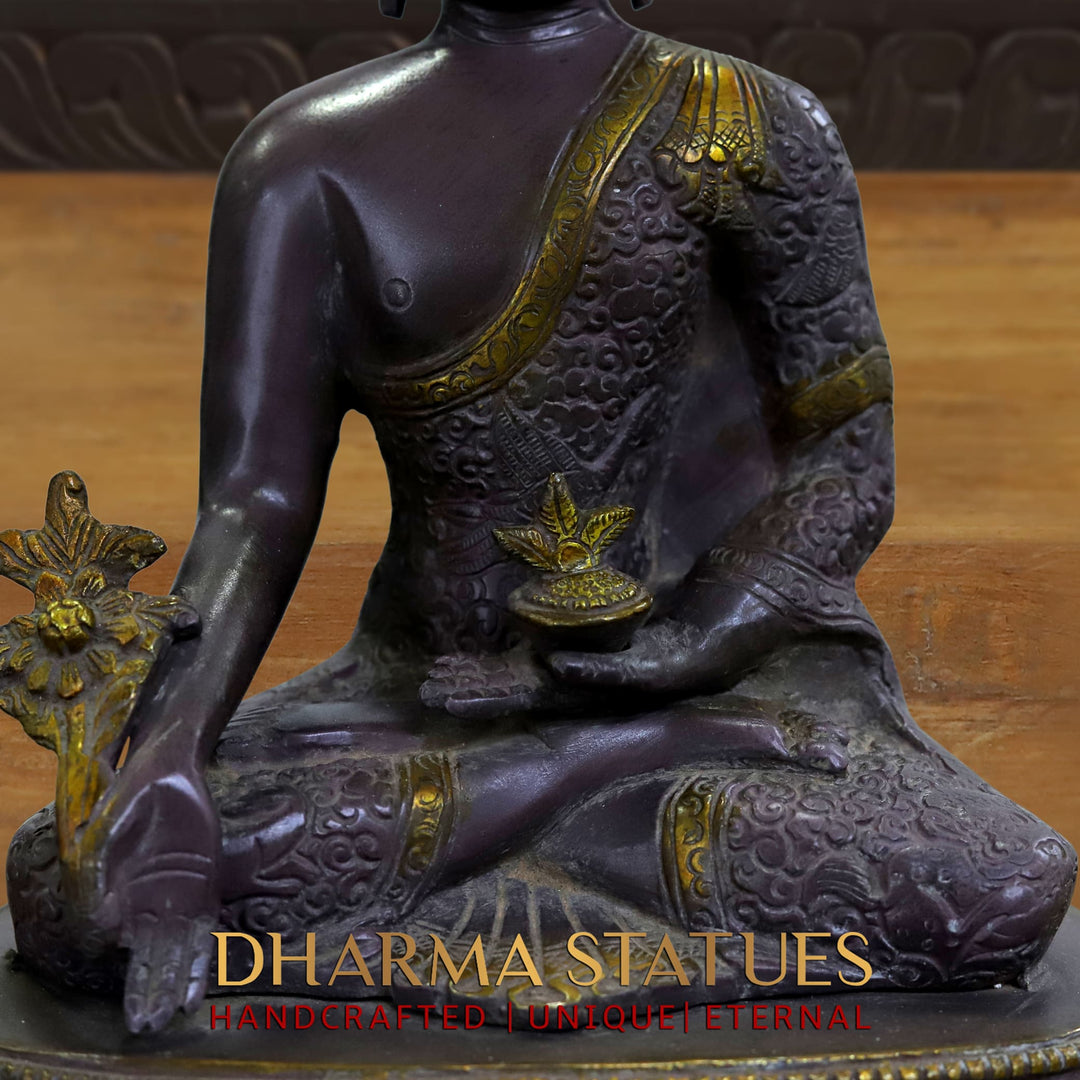 Brass Buddha Statue, Seated on a Lotus, Black Patina Finish 11"