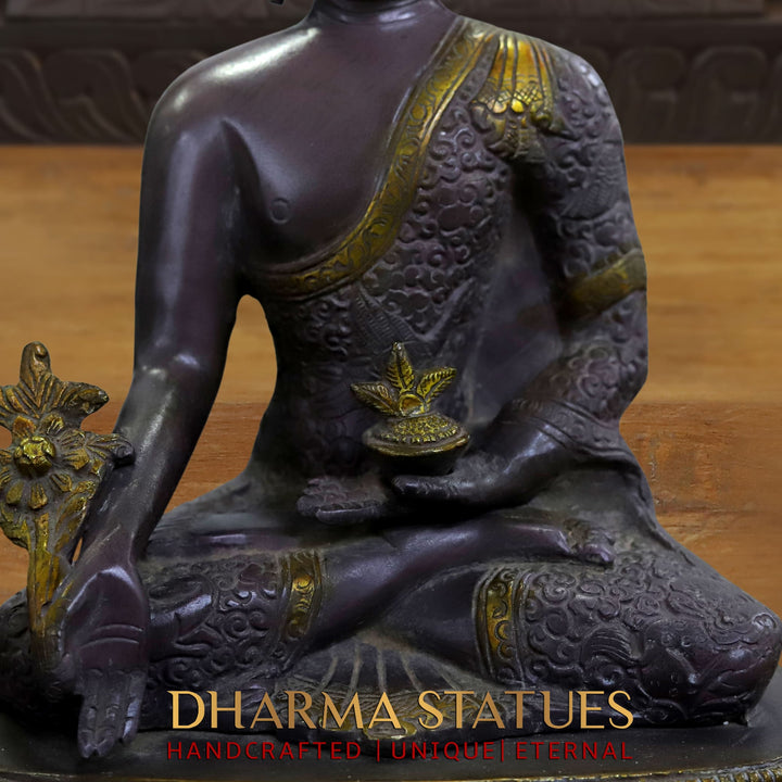 Brass Buddha Statue, Seated on a Lotus, Black Patina Finish 11"