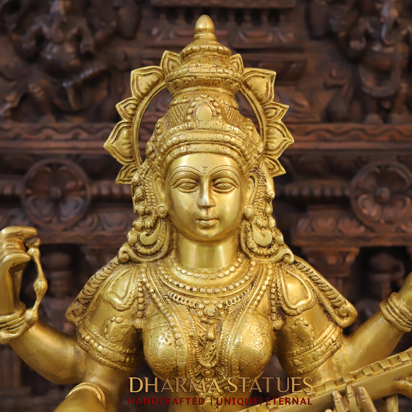 Brass Saraswati Seated, Golden Finish, 29"