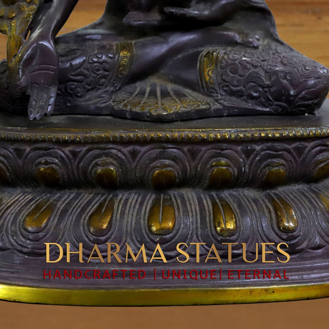 Brass Buddha Statue, Seated on a Lotus, Black Patina Finish 11"