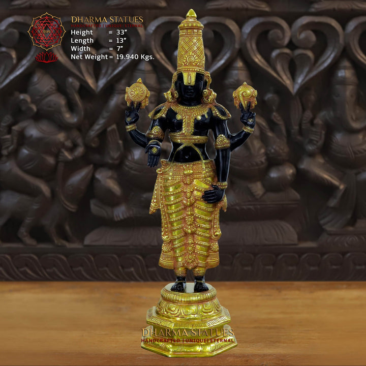 Brass Tirupati Balaji/Venkateshwara, Bala Ji Standing on a Platform. 33" Front View