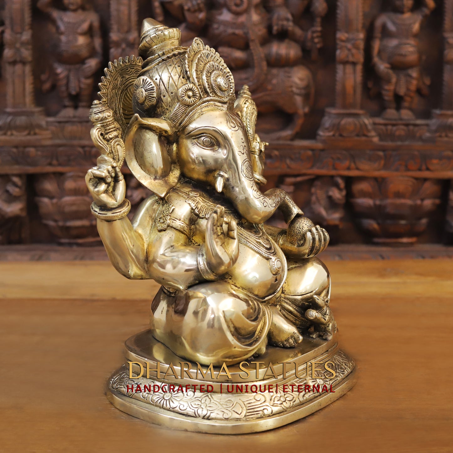 Brass Ganesh seated on base, Golden Finish, 14"