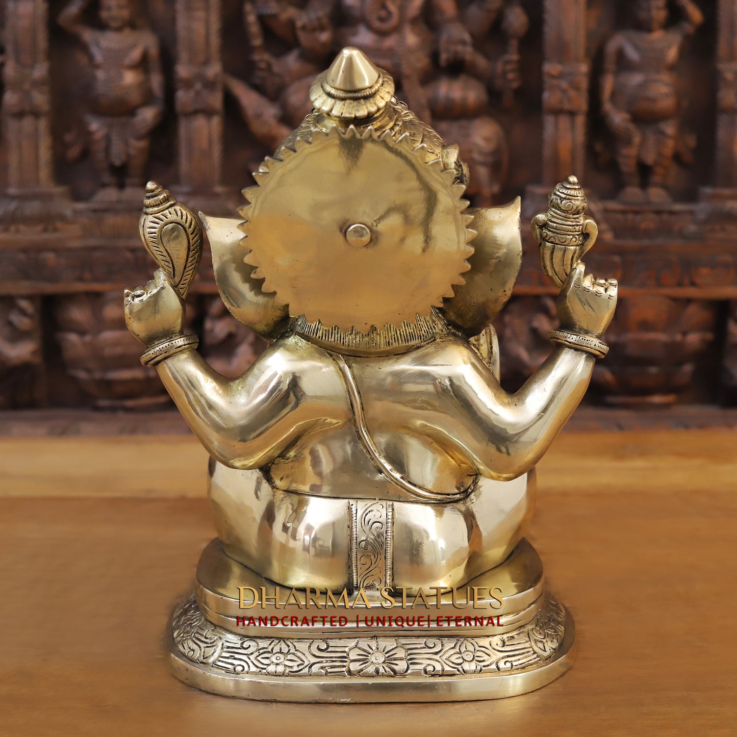 Brass Ganesh seated on base, Golden Finish, 14"