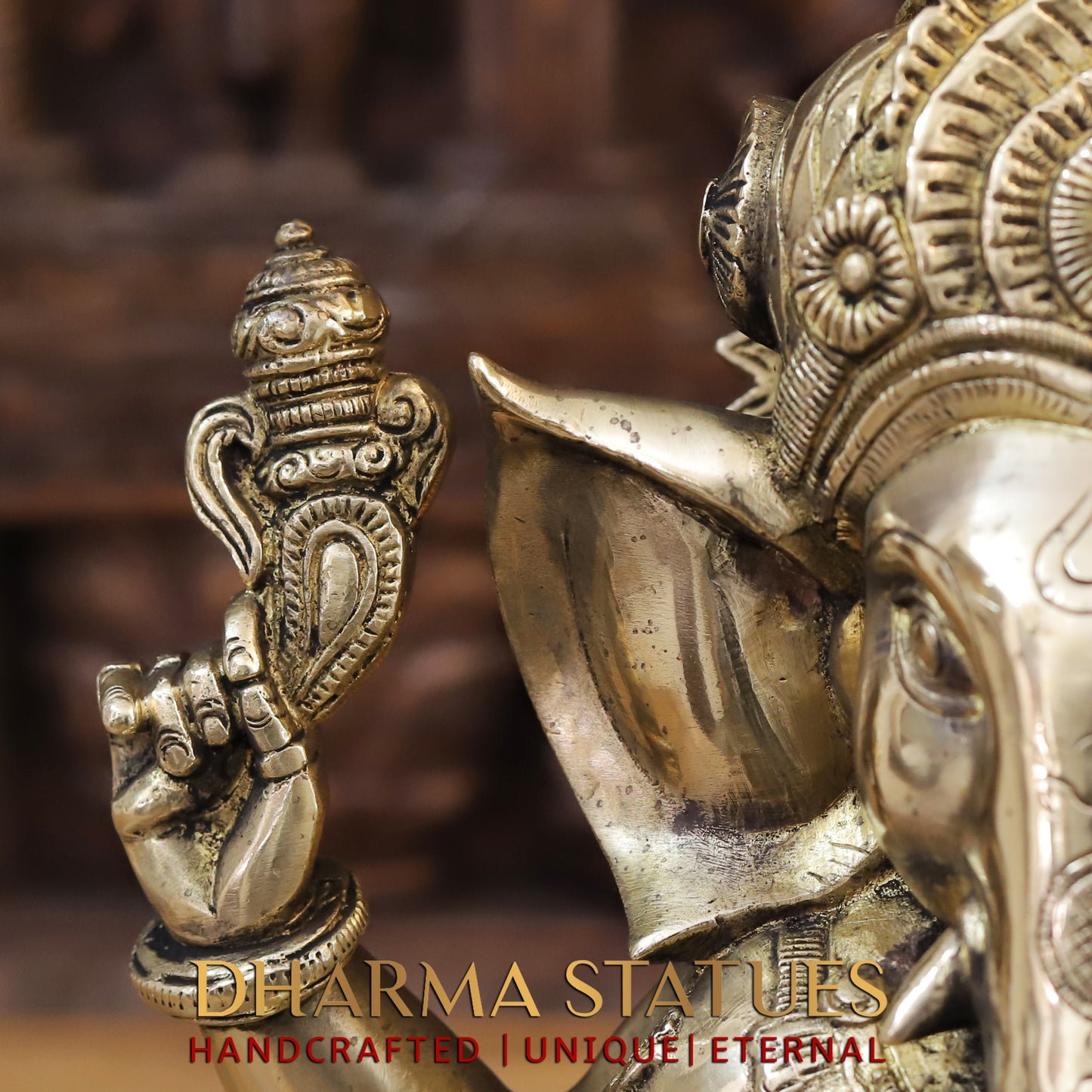 Brass Ganesh seated on base, Golden Finish, 14"