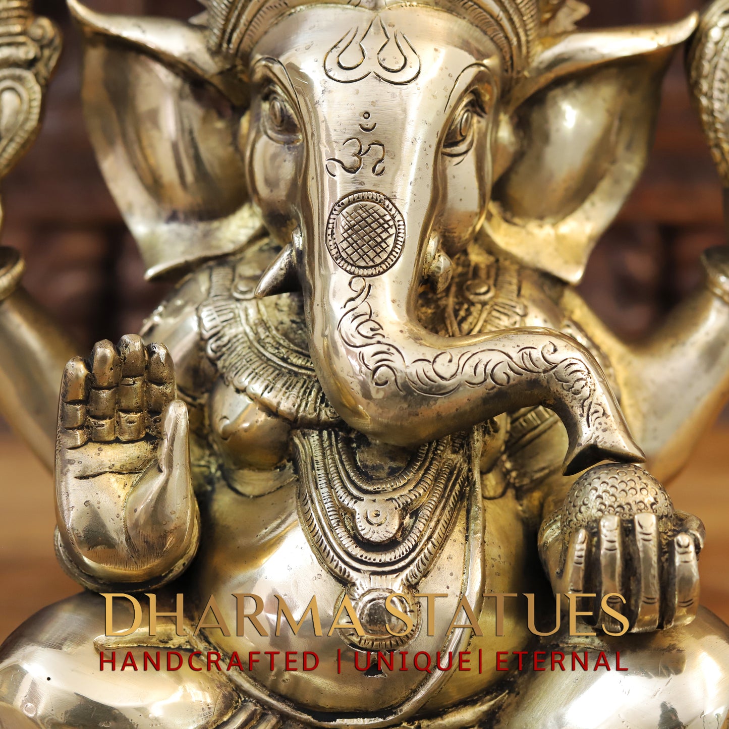 Brass Ganesh seated on base, Golden Finish, 14"