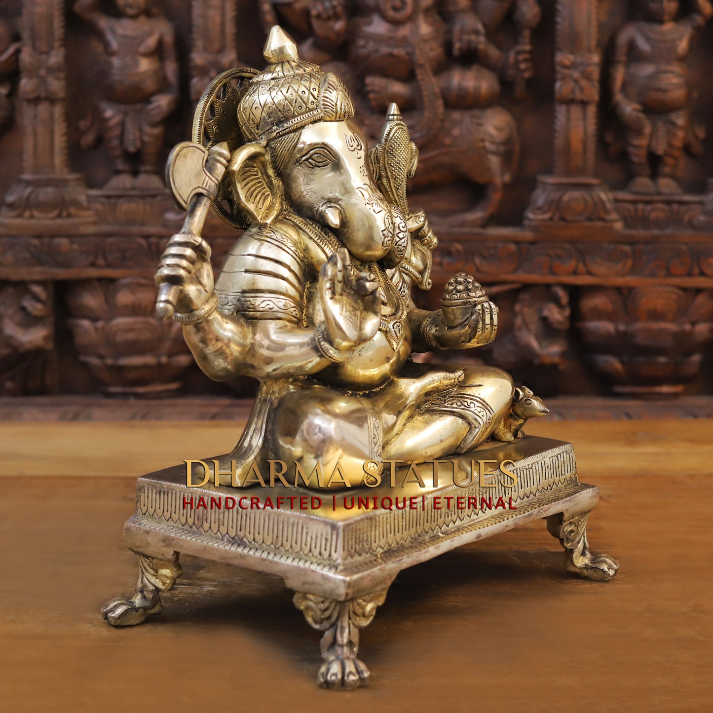 Brass Ganesh Seated on chowki, Fine Golden Finish, 14"