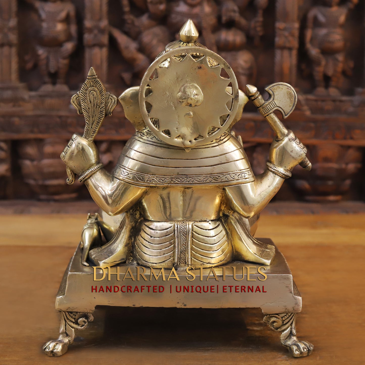Brass Ganesh Seated on chowki, Fine Golden Finish, 14"