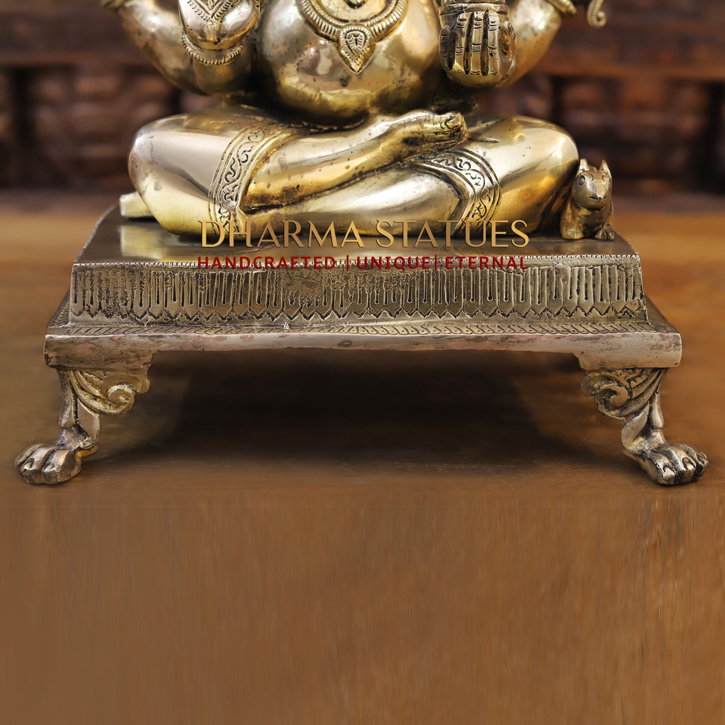 Brass Ganesh Seated on chowki, Fine Golden Finish, 14"