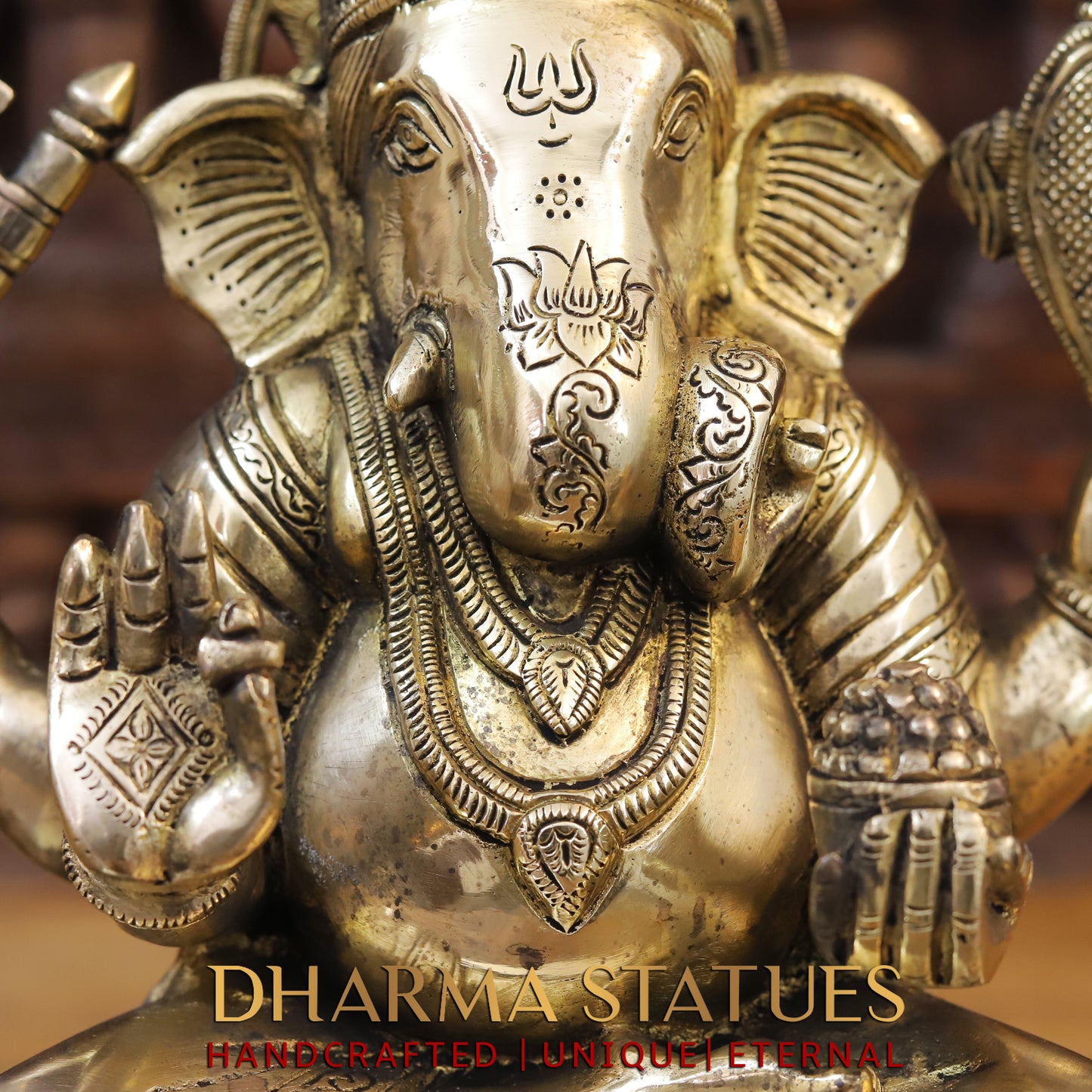 Brass Ganesh Seated on chowki, Fine Golden Finish, 14"