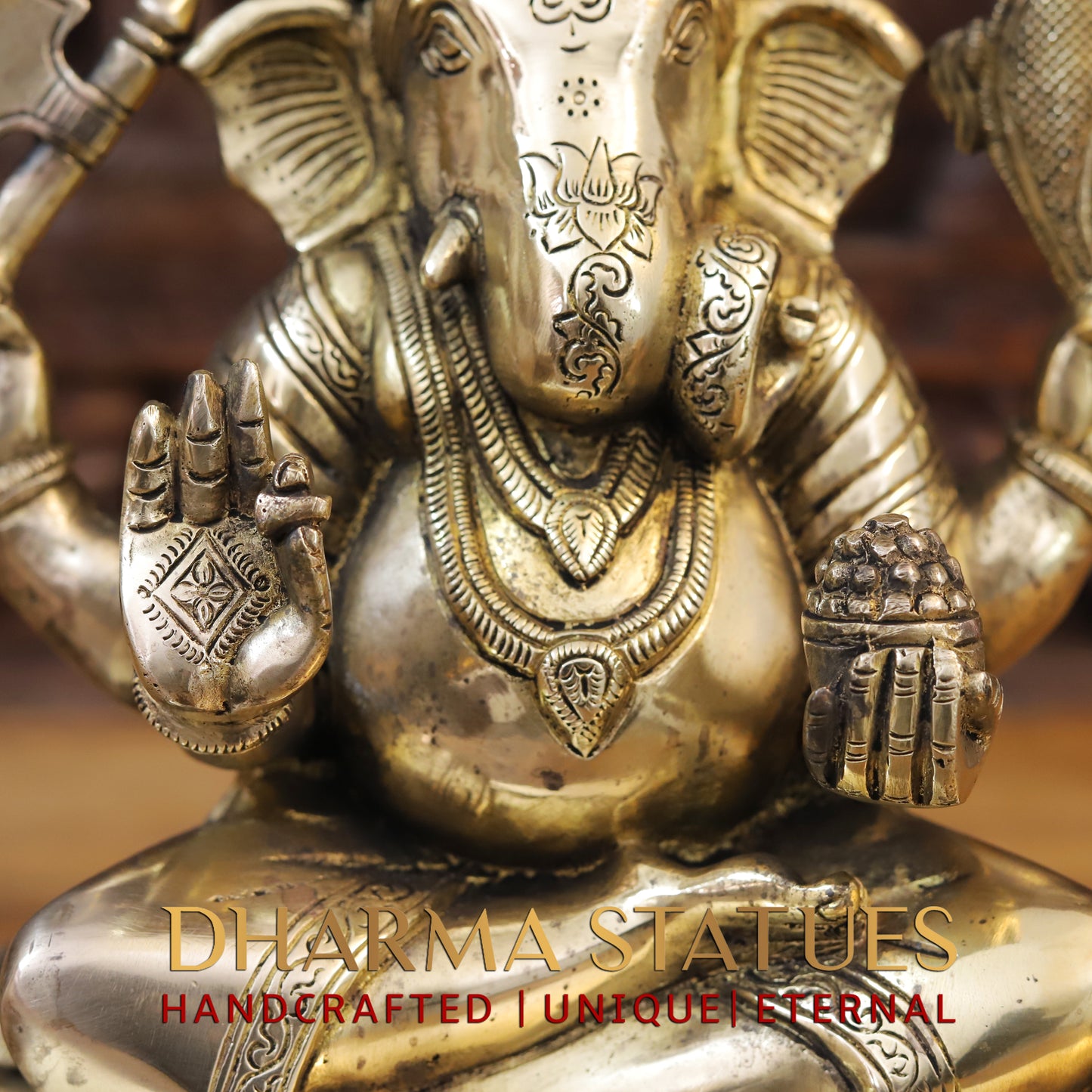 Brass Ganesh Seated on chowki, Fine Golden Finish, 14"