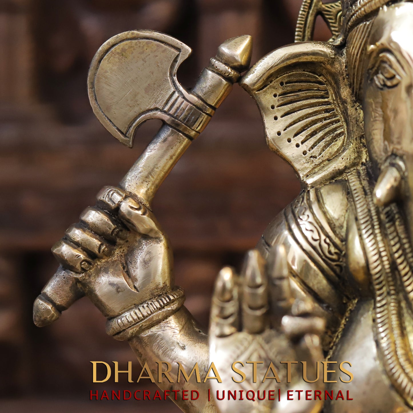 Brass Ganesh Seated on chowki, Fine Golden Finish, 14"