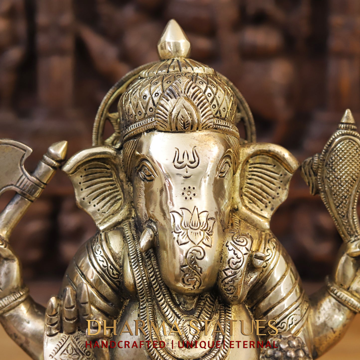 Brass Ganesh Seated on chowki, Fine Golden Finish, 14"