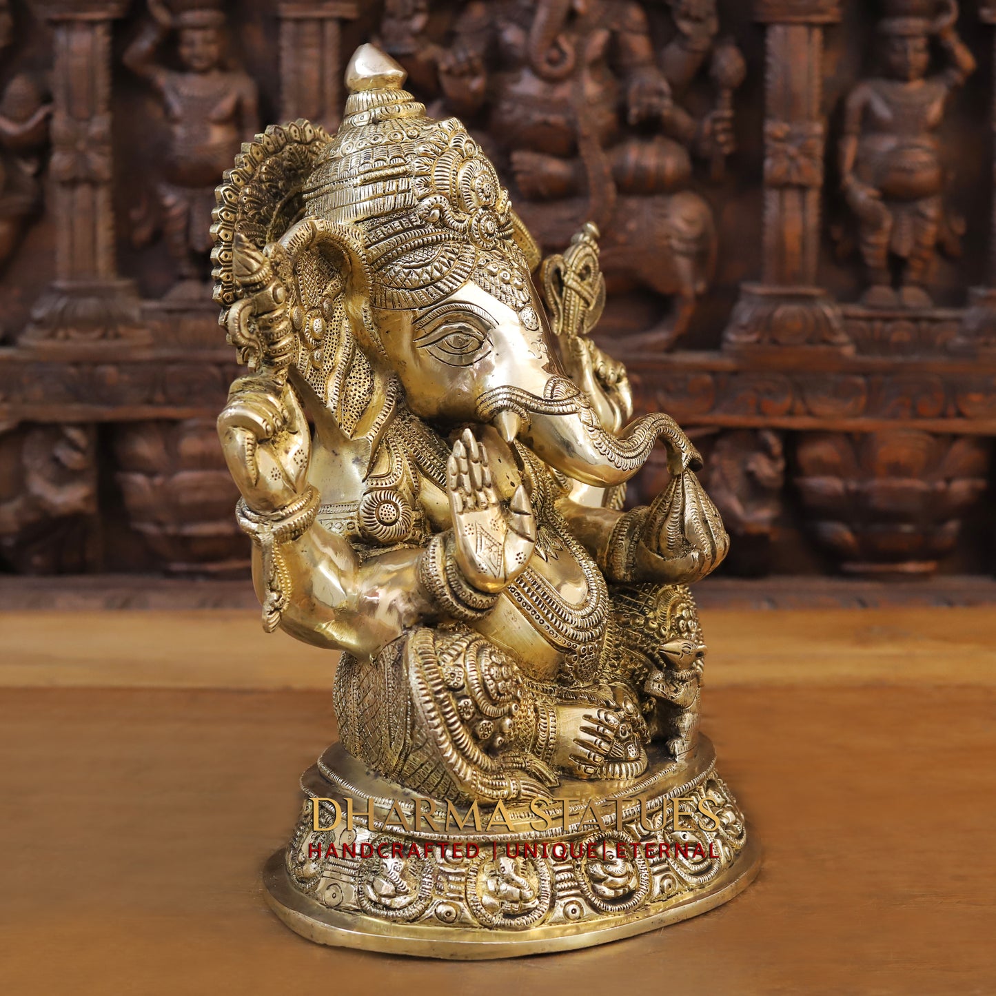 Brass Ganesh seated on Base, Fine Golden Finish, 15"