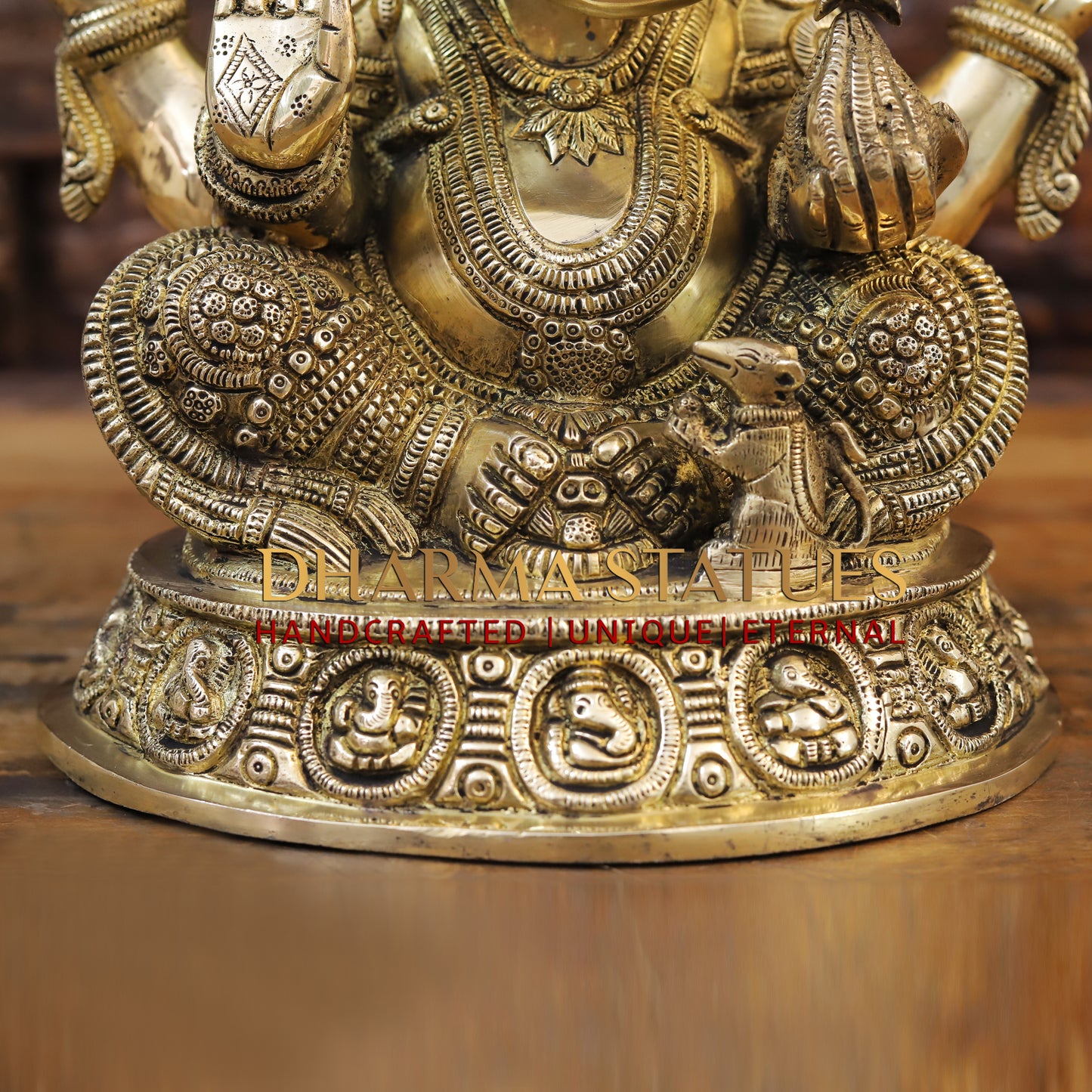 Brass Ganesh seated on Base, Fine Golden Finish, 15"