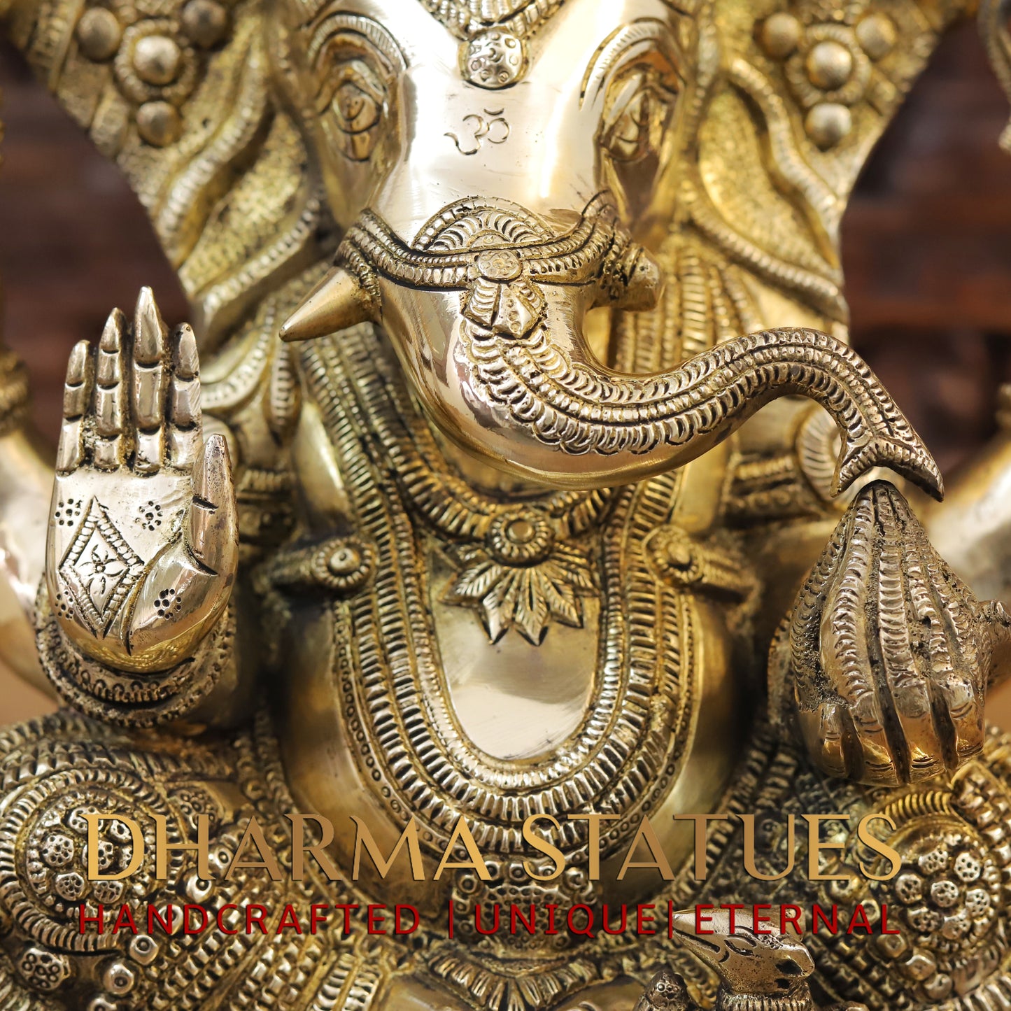 Brass Ganesh seated on Base, Fine Golden Finish, 15"