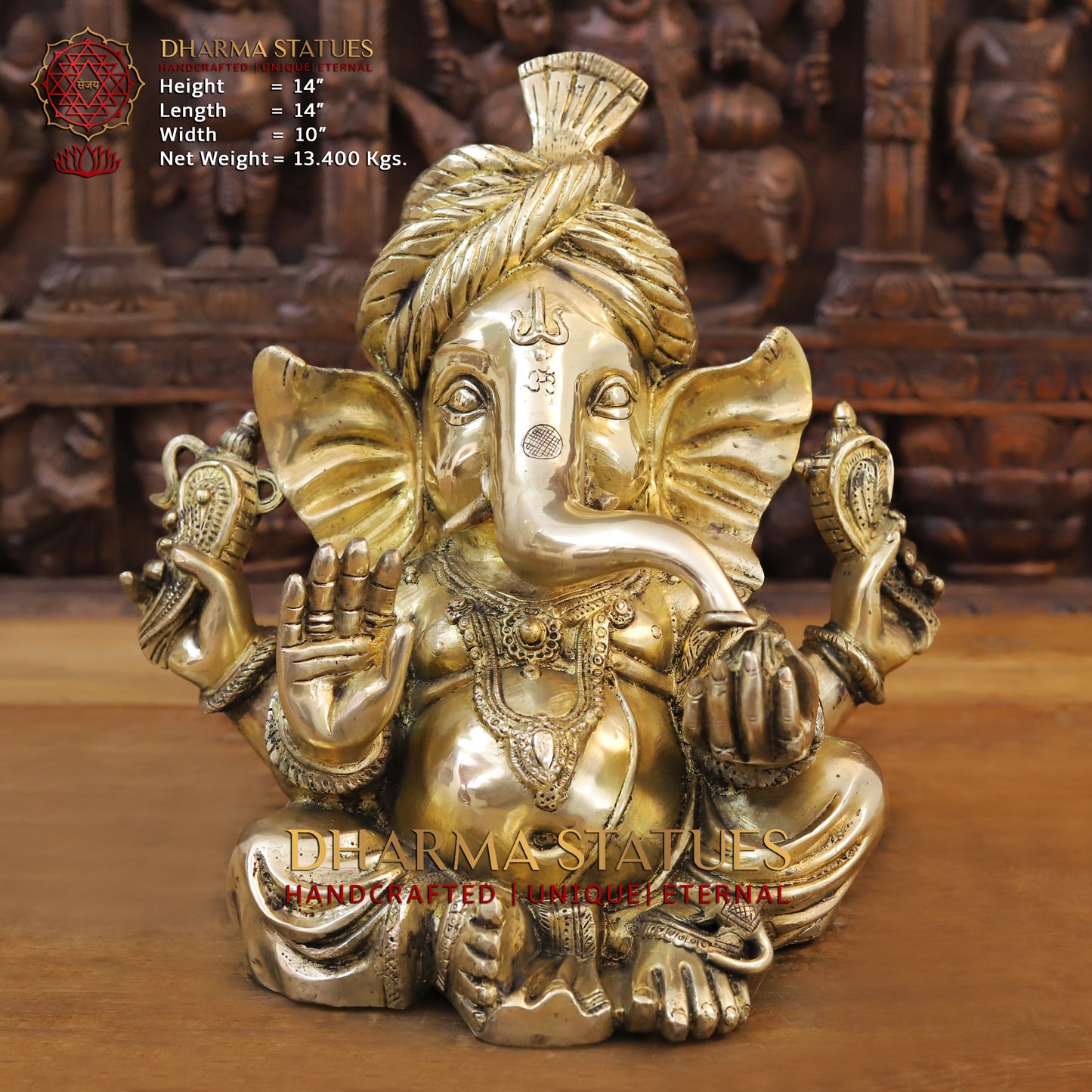 Brass Ganesh seated in a Blessing Position, Fine Gold, 14"
