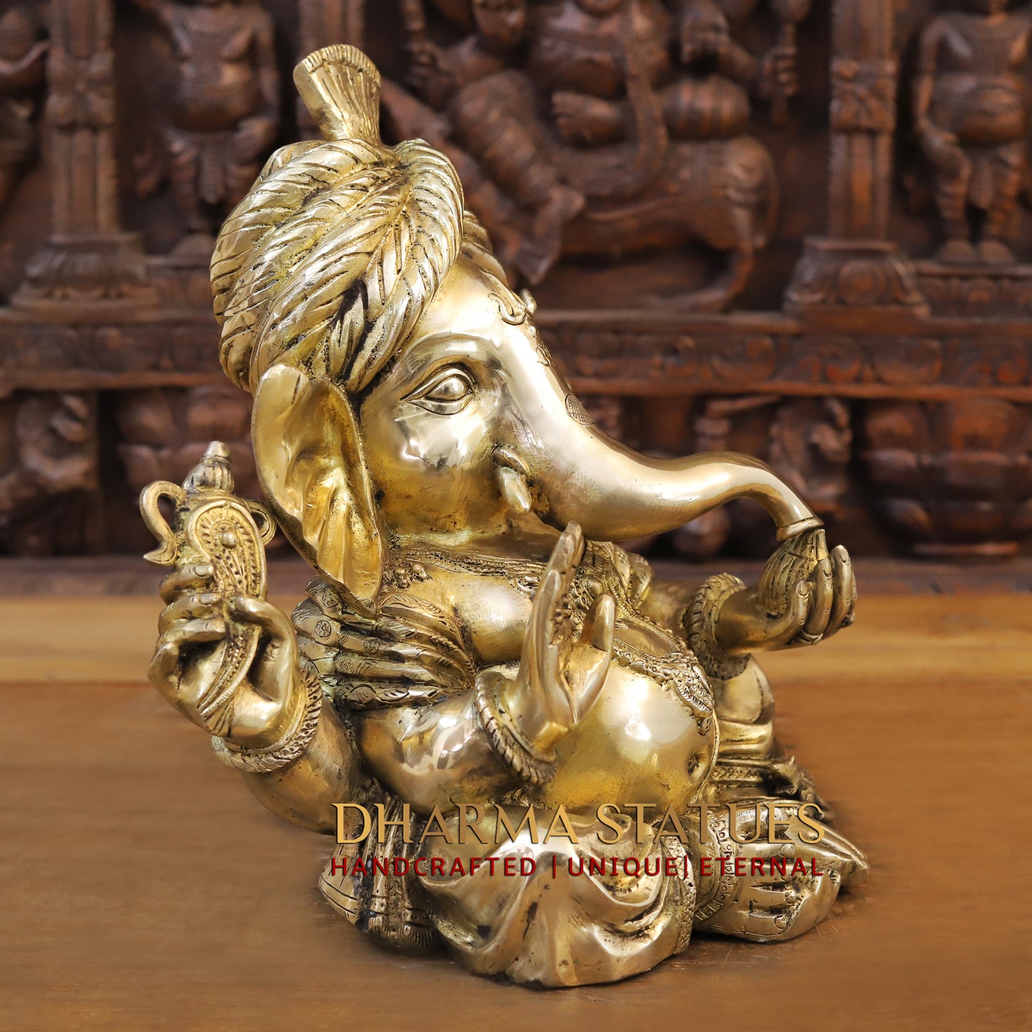Brass Ganesh seated in a Blessing Position, Fine Gold, 14"