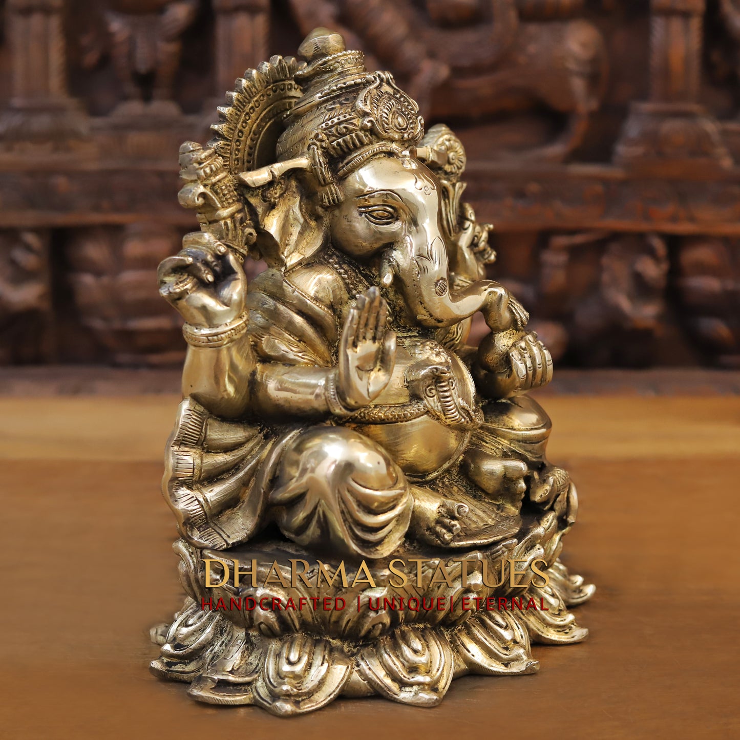 Brass Ganesh Seated on Lotus, Blessing position, Golden Finish, 11"