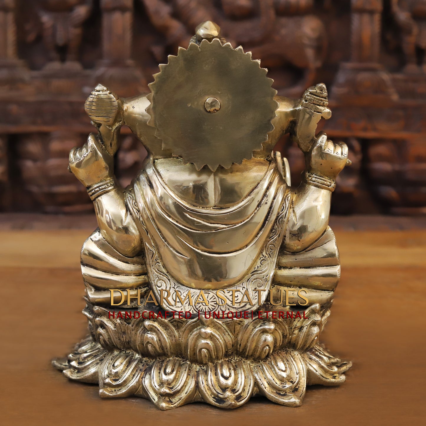 Brass Ganesh Seated on Lotus, Blessing position, Golden Finish, 11"